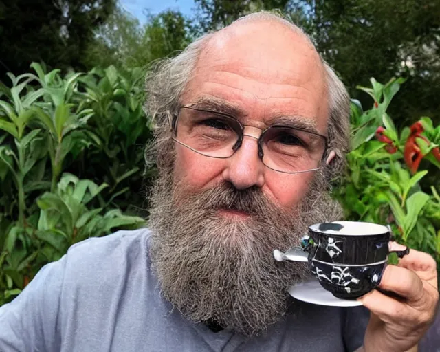 Prompt: mr robert is drinking fresh tea in a garden from spiral mug, detailed face, wearing glasses, grey beard, full body artistic photo