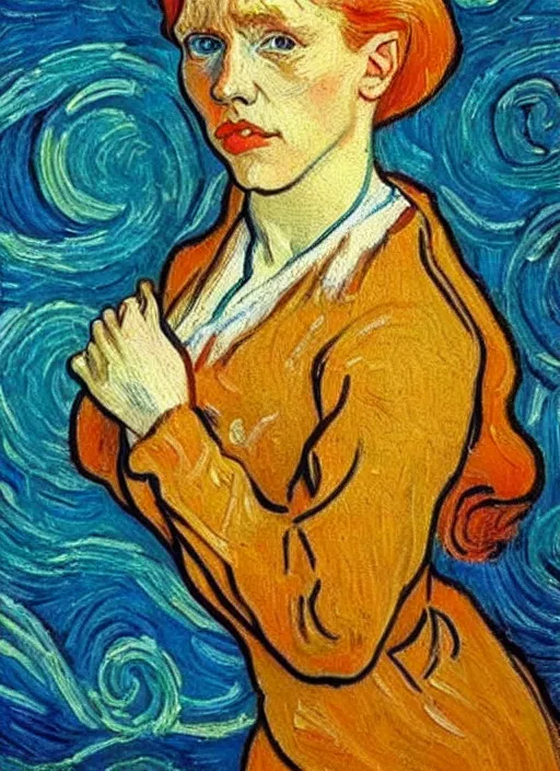 Image similar to lifelike oil painting portrait of ariel by van gogh