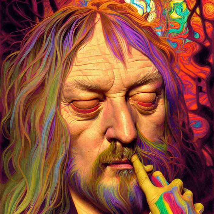 Image similar to bright psychedelic photo of robert wyatt tripping on lsd, diffuse lighting, fantasy, intricate, elegant, highly detailed, lifelike, photorealistic, digital painting, artstation, illustration, concept art, smooth, sharp focus, art by John Collier and Albert Aublet and Krenz Cushart and Artem Demura and Alphonse Mucha