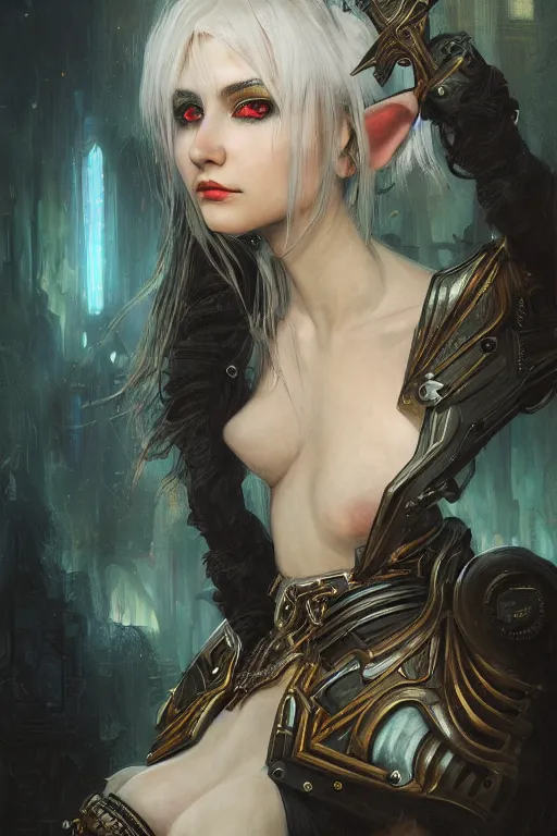 Image similar to portrait of beautiful young elf maiden with white hairs, cyberpunk, Warhammer, highly detailed, artstation, illustration, art by Gustav Klimt