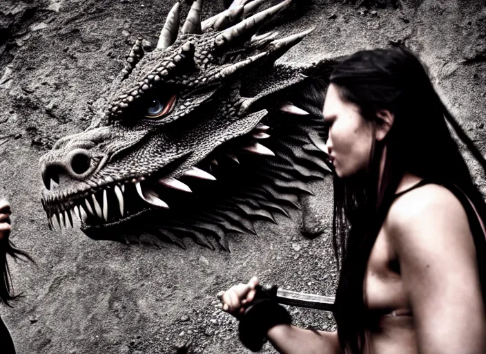 Image similar to scared female barbarian who came only to look at the real dragon, symmetrical, cinematic, real photography