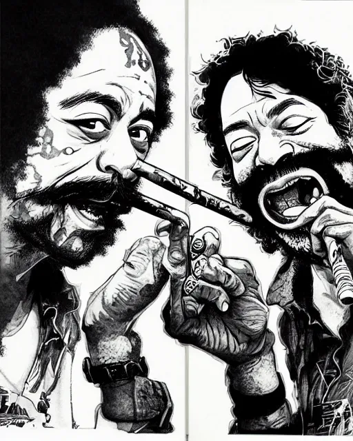 Prompt: portrait of cheech and chong smoking weed, concept art, sumi - e style, intricate linework, artstation, trending, highly detailed, smooth, focus, art by yoji shinkawa,