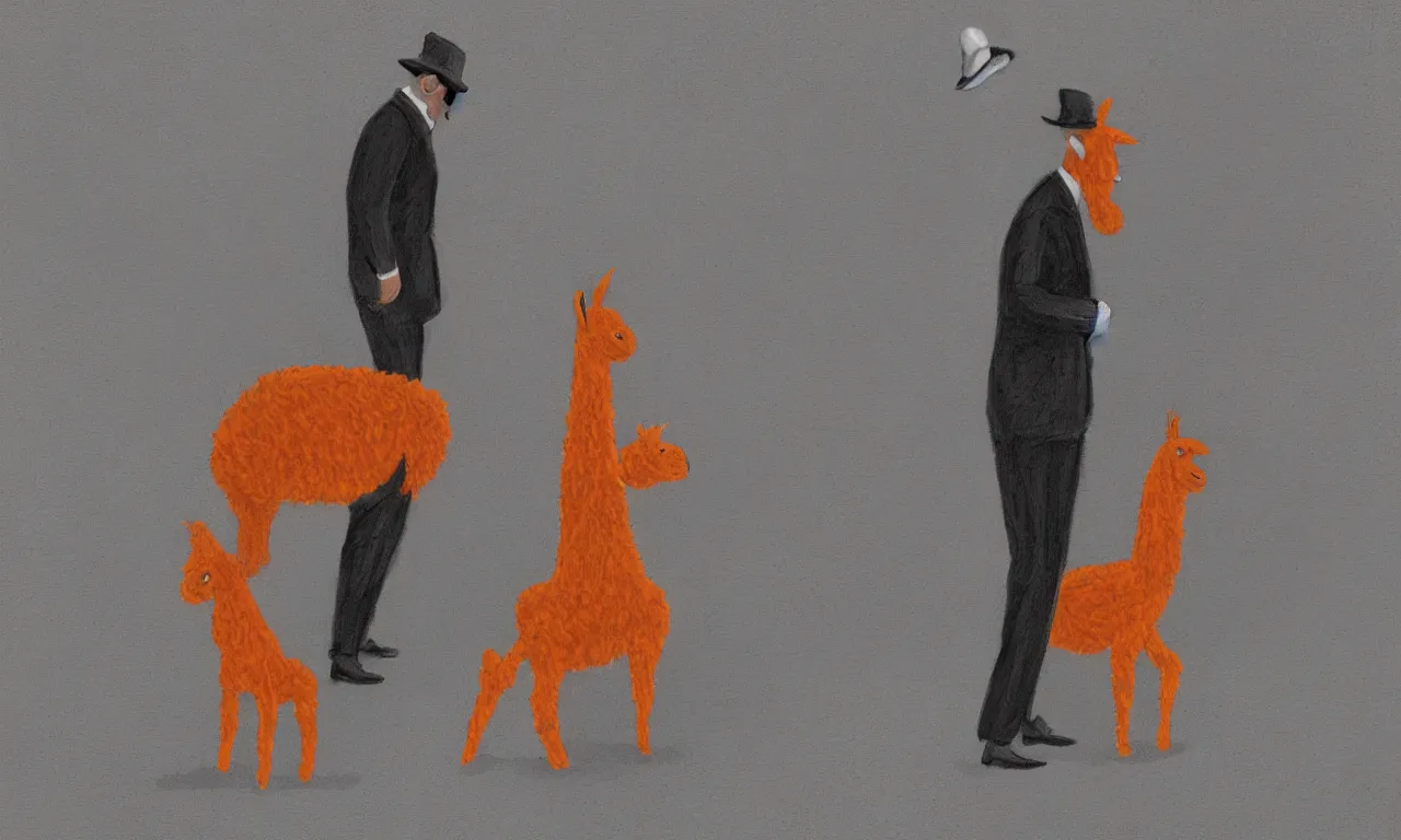 Image similar to a digital painting of an orange llama wearing a 1 9 4 0's noire detective outfit, standing in the streets of chicago at night investigating a crime scene where a body outline is drawn in chalk on the sidewalk, digital art