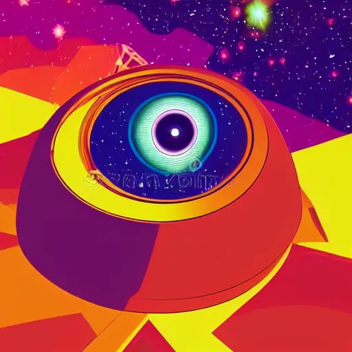 Prompt: a glowing colorful minimal elegant crown sitting on a table with one large beautiful eye on top of it like a jewel, stars on top of the crown, night time, vast cosmos, geometric light rays exploding outwards into stars, bold black lines, flat colors, minimal psychedelic 1 9 5 0 s poster illustration