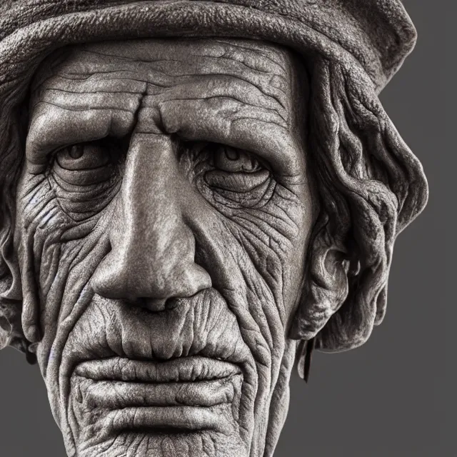 Prompt: photography of a bust of old Keith Richards made of clay by Sebastian Kruger and Michelangelo, wrinkles, 50mm, studio atmosphere, 8K, rim light, octane render, ultra-realistic