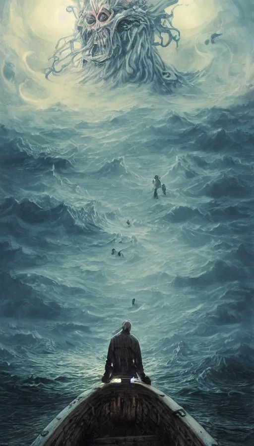 Prompt: man on boat crossing a body of water in hell with creatures in the water, sea of souls, by yoshitaka amano,