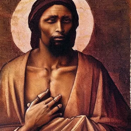 Image similar to painting of a black man as jesus by leonardo davinci