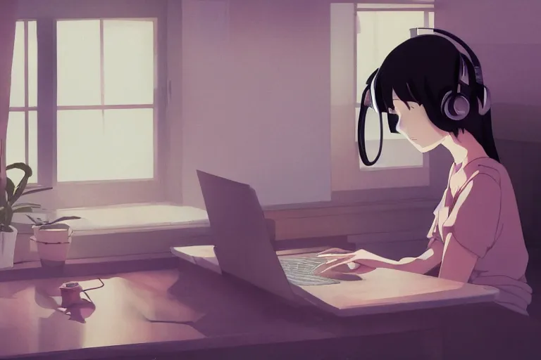 Prompt: rendered ilustration of a japanese anime traditional lo - fi girl in her room wearing headphones and working in her laptop loop, moody neutral hipster tones, joy gaze, cel - shaded, classical animation, cinematic, edge - to - edge print, rendered by studio ghibli, artgerm, alyssa monks, andreas rocha, david kassan, neil blevins