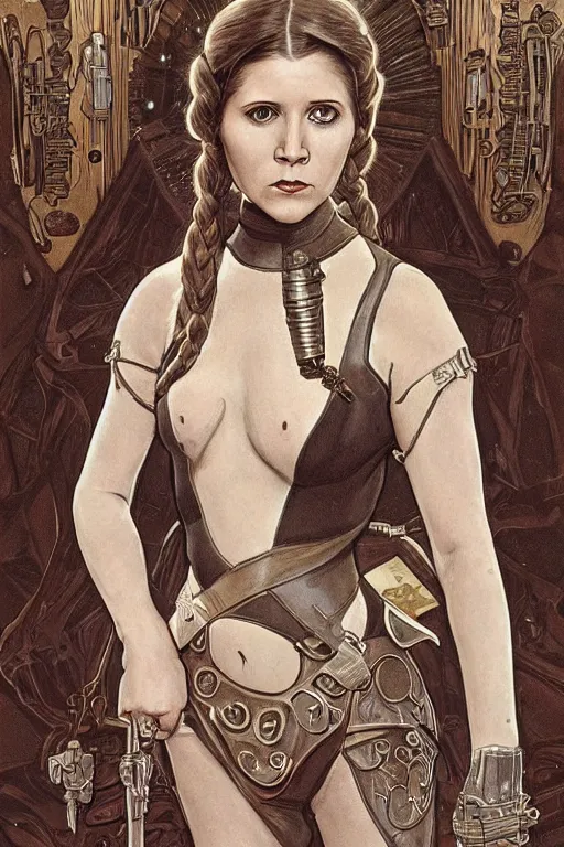 Image similar to Young Carrie Fisher wearing her slave outfit from Star Wars, cute, fantasy, intricate, elegant, highly detailed, digital painting, 4k, HDR, concept art, smooth, sharp focus, illustration, art by artgerm and H R Giger and alphonse mucha