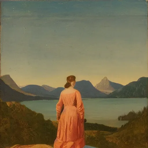 Prompt: a figure if a woman standing in front of a large lake that leads to a massive mountain. - h 7 6 8