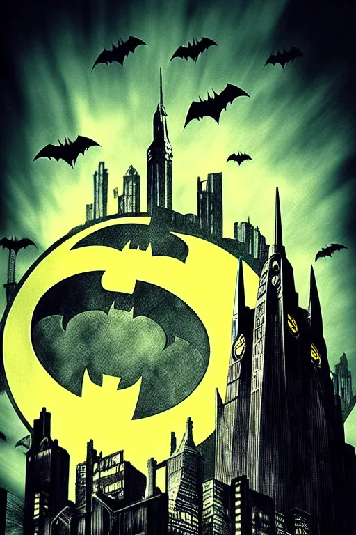 Image similar to gotham city with batman logo in sky, aesthetic, fantasy, bioshock pop art, by mike swiderek, jorge lacera, ben lo, tyler west,, ultrarealistic, sharp focus, intricate, ultra high definition details, shadow effect