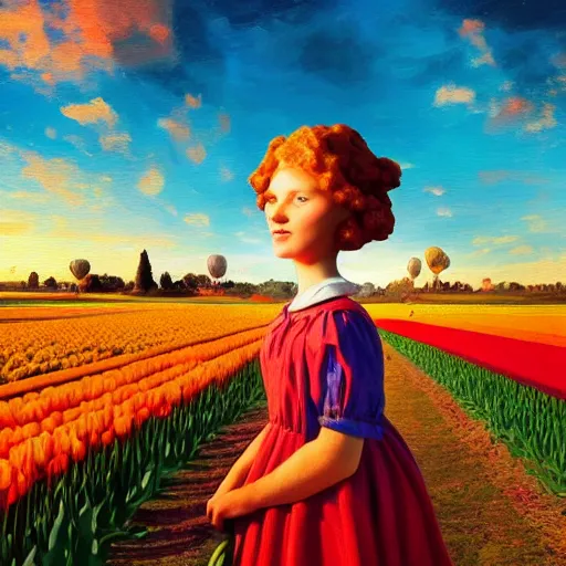 Image similar to dutch girl with singular giant tulip as a head, surreal photography, flower field, sunset dramatic light, impressionist painting, colorful clouds, blue sky, digital painting, artstation, simon stalenhag