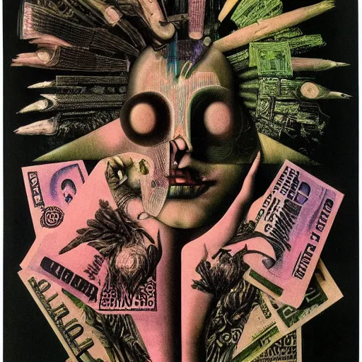 Image similar to post - punk new age album cover, asymmetrical design, dollar bank notes, capitalism, magic, apocalypse, psychedelic, black white pink, magic, giger h. r., giuseppe arcimboldo, peder aalto