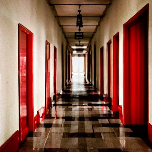 Image similar to a vintage hotel hallway with a red door at the end, dimly lit, surreal, dark, liminal,