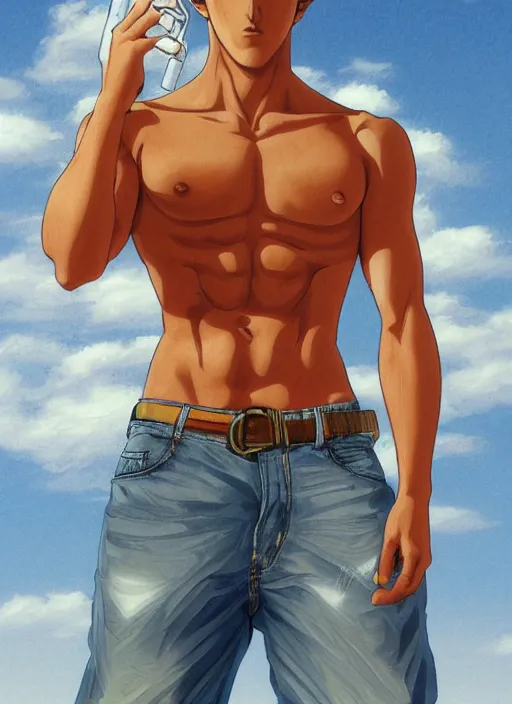 Image similar to Portrait of Onizuka from GTO wearing jeans and no tshirt, masculine and muscular, smoking a cigarette, intricate body, whole body highly detailed, digital painting, artstation, concept art, smooth, sharp focus, illustration, art by Hajime Sorayama