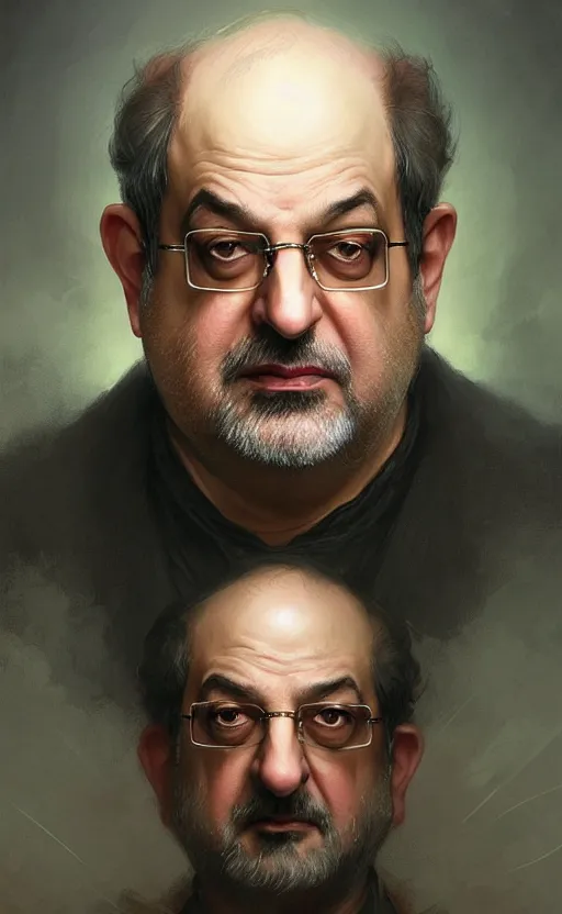 Image similar to portrait of salman rushdie, deep focus, d & d, fantasy, intricate, elegant, highly detailed, digital painting, artstation, concept art, matte, sharp focus, illustration, art by artgerm and greg rutkowski and alphonse mucha