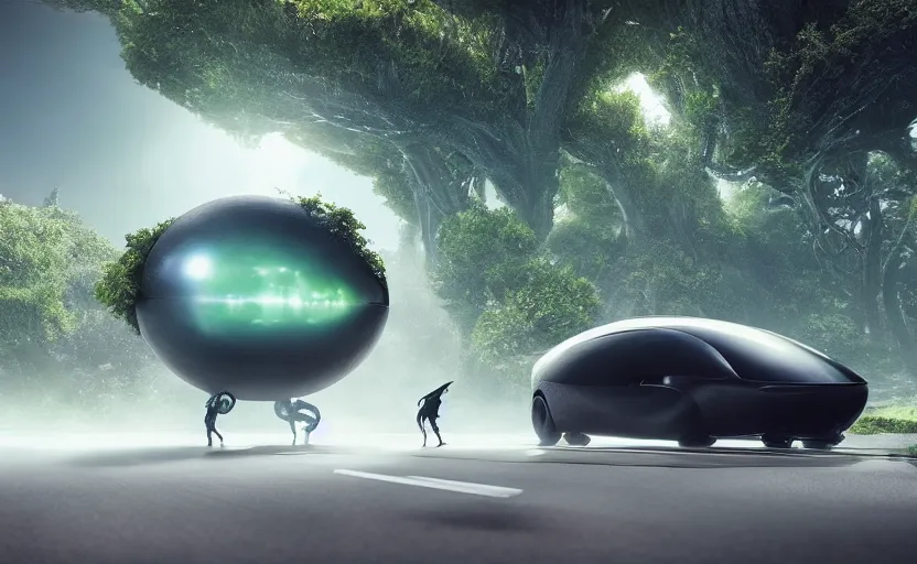 Image similar to a spherical car driving down the road, t - rex and humans dancing in the background, smoky, green hills, many interstellar plants, futuristic concept design, airy landscape, high detail rendering by octane, unreal engine, 8 k, cinematic grade.