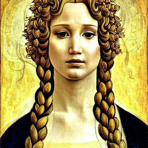 Image similar to jennifer lawrence as the goddess of spring, elegant portrait by sandro botticelli, detailed, symmetrical, intricate