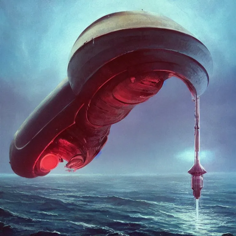 Prompt: mechanical nautilus spaceship dripping wet rising from a the ocean, sci - fi concept art, by john harris, by simon stalenhag, by vincent di fate, stunning, award winning