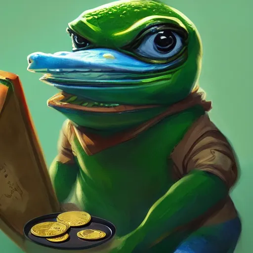 Image similar to super rich happy pepe, luxury, treasury, coins, money, hyper detalied, blue crystals, greg rutkowski, artstation