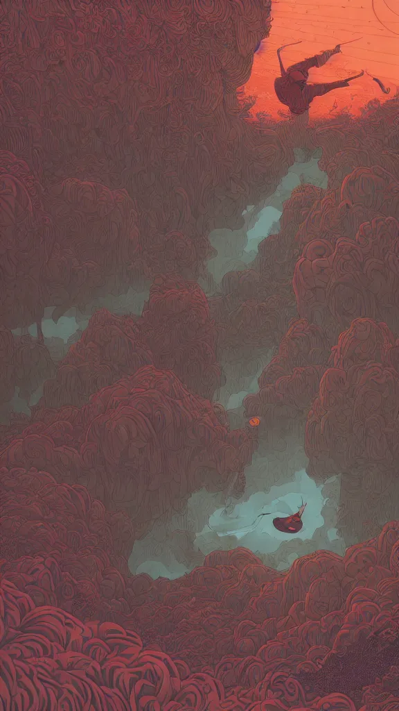 Image similar to highly detailed illustration of a man floating over a forest while the clouds in the sky seem to be on fire by kilian eng, moebius, nico delort, oliver vernon, joseph moncada, damon soule, manabu ikeda, 4 k resolution