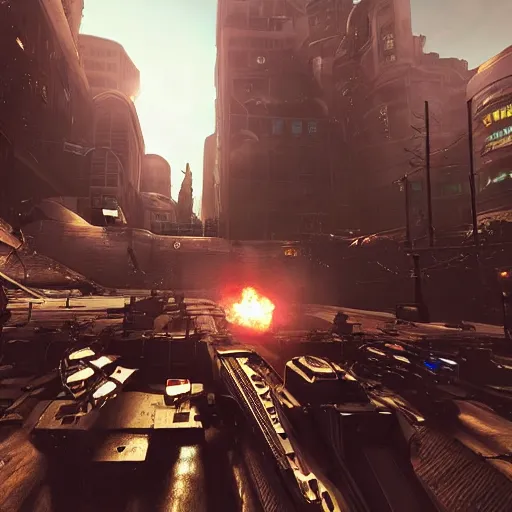 Prompt: 3 rd person game still of a sci - fi steampunk first person shooter game set in an overpopulated city scene with hundreds of fighting mechs, many npcs on the streets, night and bright sun, unreal engine 5