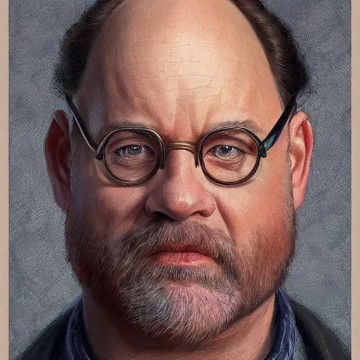 Image similar to george costanza as a realistic d & d fantasy character, closeup portrait art by donato giancola and greg rutkowski, vintage retro, realistic face, digital art, trending on artstation, symmetry!!