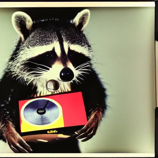 Prompt: close - up, photo of a anthropomorphic raccoon wearing a hoodie, holding a vinyl record, 8 0 - s fashion, colored, polaroid photo, by warhol,