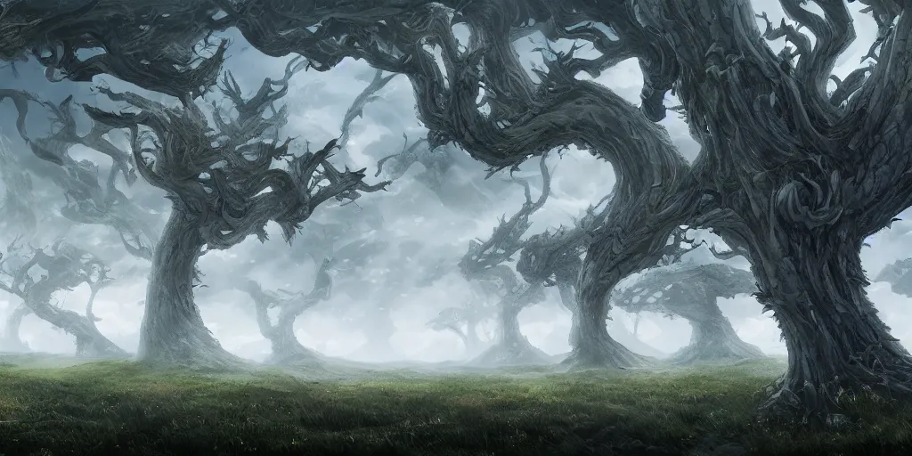 Image similar to swaths of leaned or keeled over windswept trees, no visible soil, high quality fantasy art, 4k