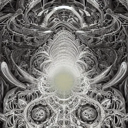 Image similar to a beautiful 3 d painting of a sprawling intricate mandelbrot fractal cathedral populated by fractals by android jones, carved soap, white color scheme, unreal engine, volumetric lighting, dynamic lighting, dramatic lighting, high contrast, depth of field, carved marble, opalescent, sacred geometry, religious, angelic, catholicpunk, stark, trending on artstation