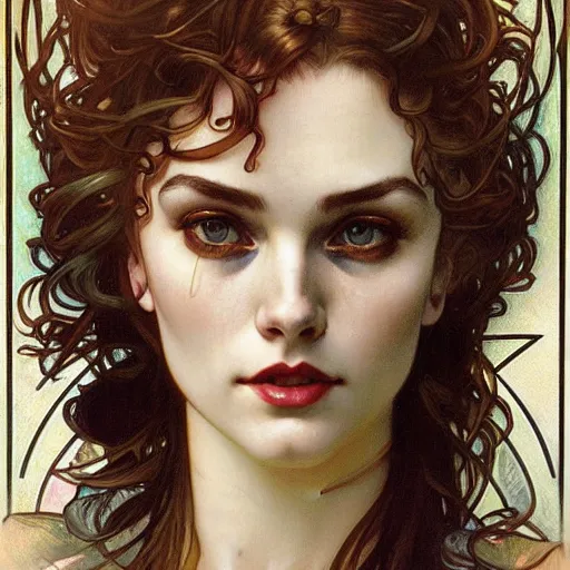 Prompt: realistic detailed face portrait of Margo Robbie by Alphonse Mucha, Ayami Kojima, Amano, Charlie Bowater, Karol Bak, Greg Hildebrandt, Jean Delville, and Mark Brooks, Art Nouveau, Neo-Gothic, gothic, rich deep moody colors