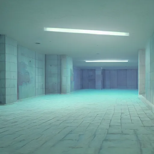 Image similar to liminal basement underwater, happy, hyper realistic, pastel colours, octane render