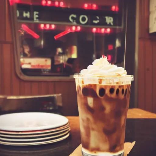 Image similar to iced latte in a 50s diner, photography, 50s theme