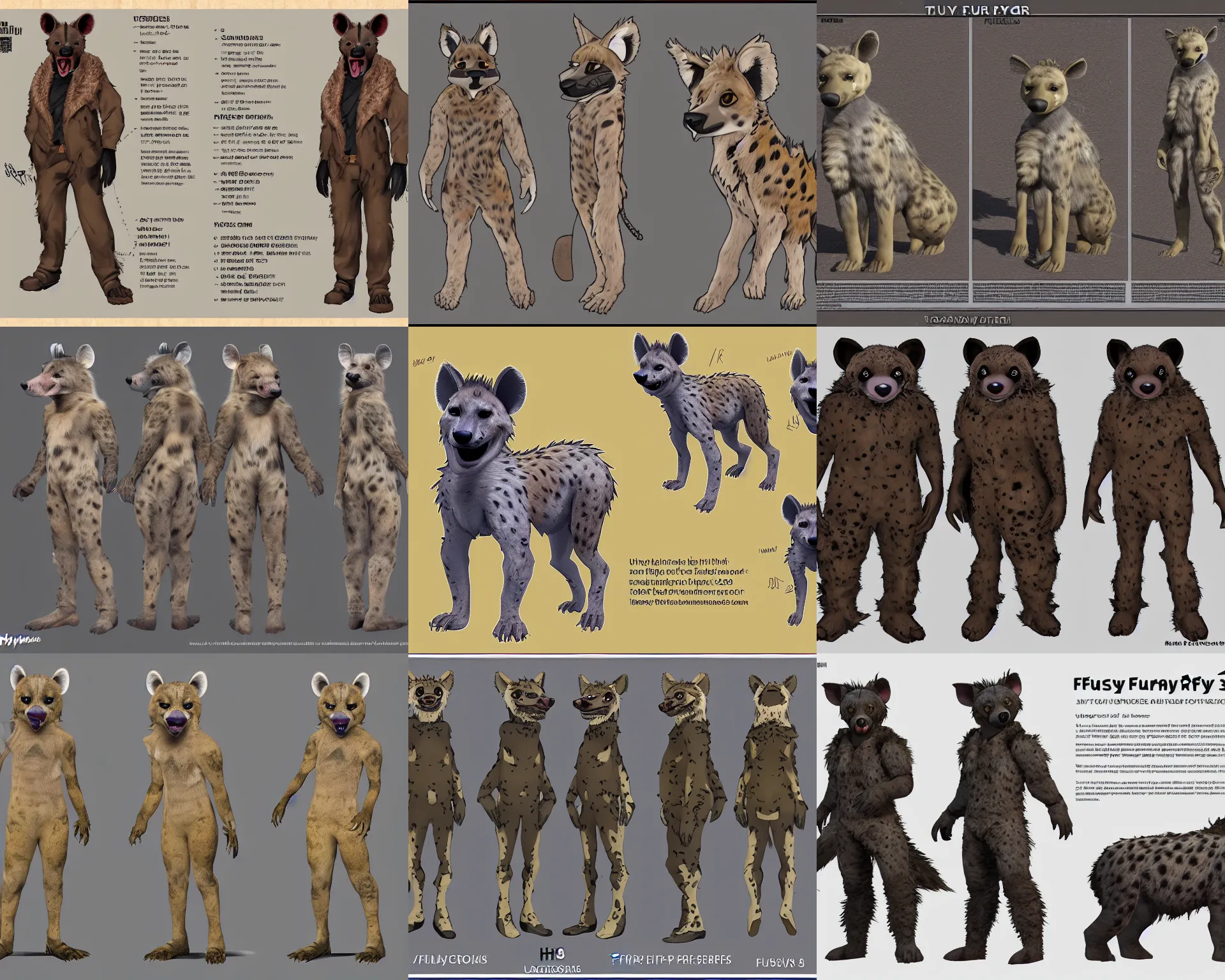 Image similar to a furry hyena fursona three - view fursuit reference sheet, insane ultrahigh - resolution ( uhd ), trending on weasyl