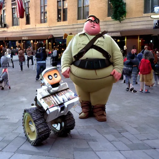 Image similar to fat soldiers, USA war street performers, Wall-E movie