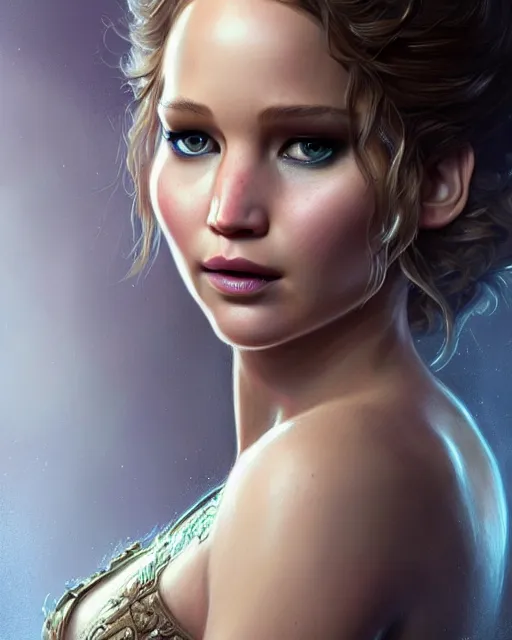 Image similar to Jennifer Lawrence, closeup, D&D, fantasy, intricate, elegant, highly detailed, digital painting, artstation, concept art, matte, sharp focus, illustration, hearthstone, art by Artgerm and Greg Rutkowski and Alphonse Mucha