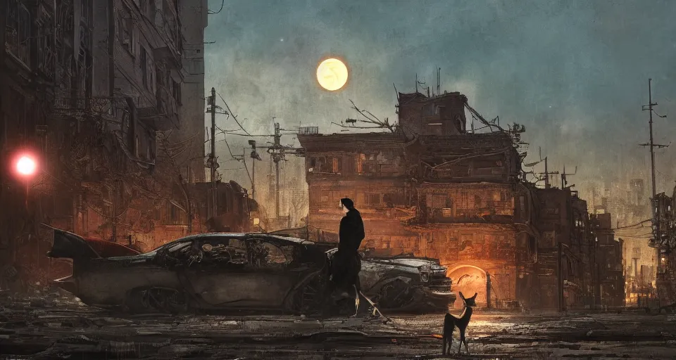 Image similar to a detailed illustration of a lonely sad dog against the background of a ravaged city and a red moon, artstation, by Norman Rockwell, Art Nouveau, sophisticated, Unreal engine, dystopia, anti-utopia, post processing, nostalgic melancholic artwork, intricate