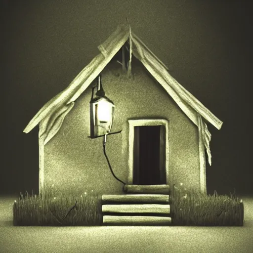 Prompt: little house by Tim Burton, dark background, volumetric lighting