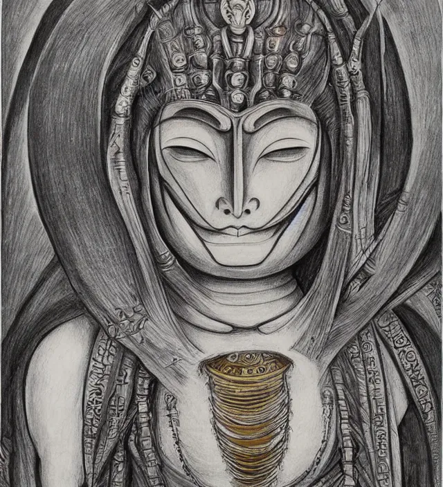 Image similar to buddhist drawing painting of a beautiful girl portrait in miyazaki toriyama giger style detailed trending award winning