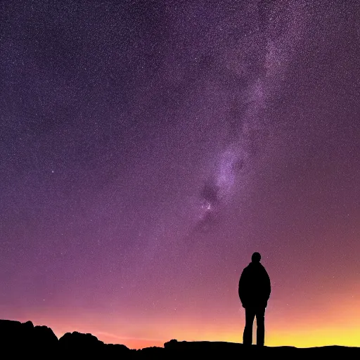 Prompt: 4K Epic Ultra HD detailed award-winning wallpaper silhouette of lonely man standing on rock looking at huge vast sky universe Milky Way aurora