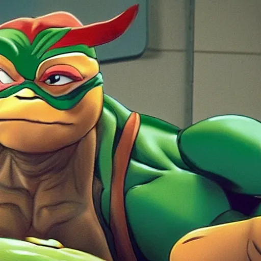 Image similar to film still of michelangelo ( tmnt ) failing his drivers test