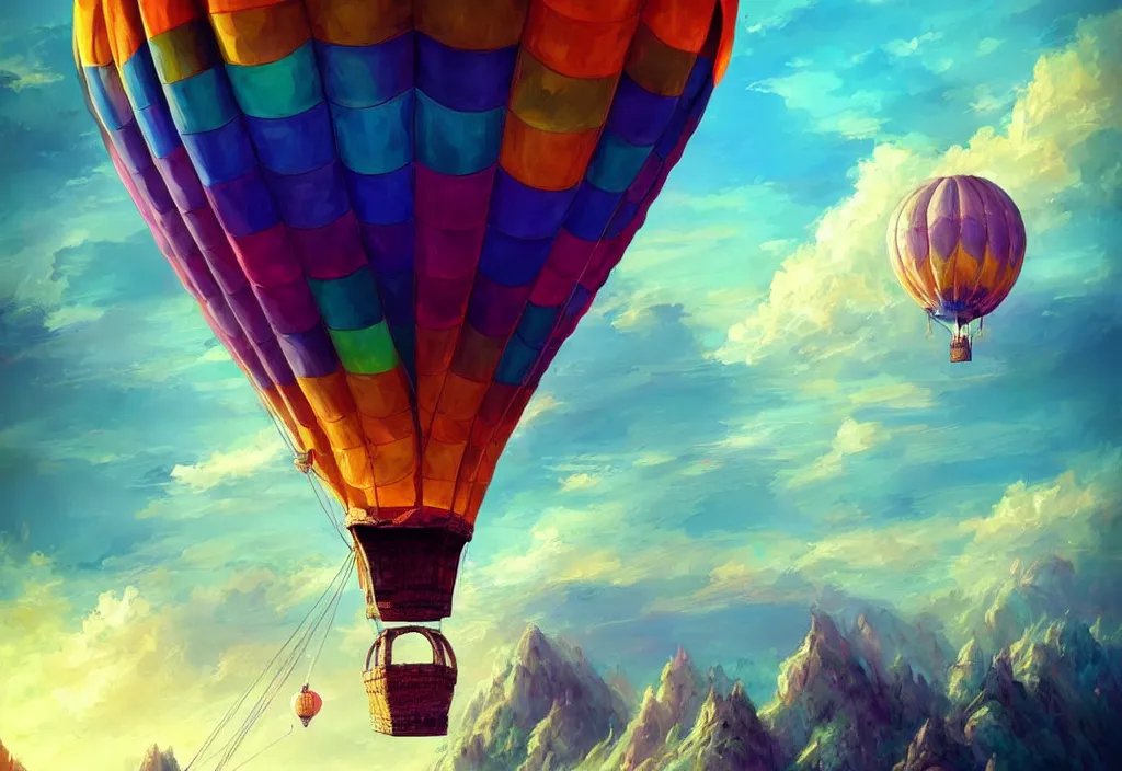 Image similar to old colorful air balloon, epic fantasy, detailed, intricate, digital painting, concept art, realistic, smooth, focus, rim light