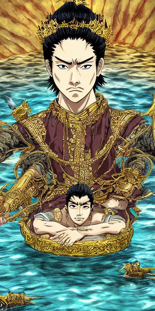 Prompt: highly detailed lone emperor sitting on a throne floating on water in the middle of a lake drawn by Makoto Yukimura in the style of Vinland saga anime, full color, detailed,