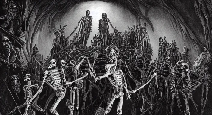 Image similar to photo of undead skeletons performing a sacred blasphemous mind-bending ritual, style of Wayne Barlowe, lavish rococo baroque setting, fashion-photography, unholy ceremony, sacrilegious rite, evil, menacing, ominous, threatening, sinister, malevolent. Highly-detailed, photographic, cinematic, dramatic, establishing shot