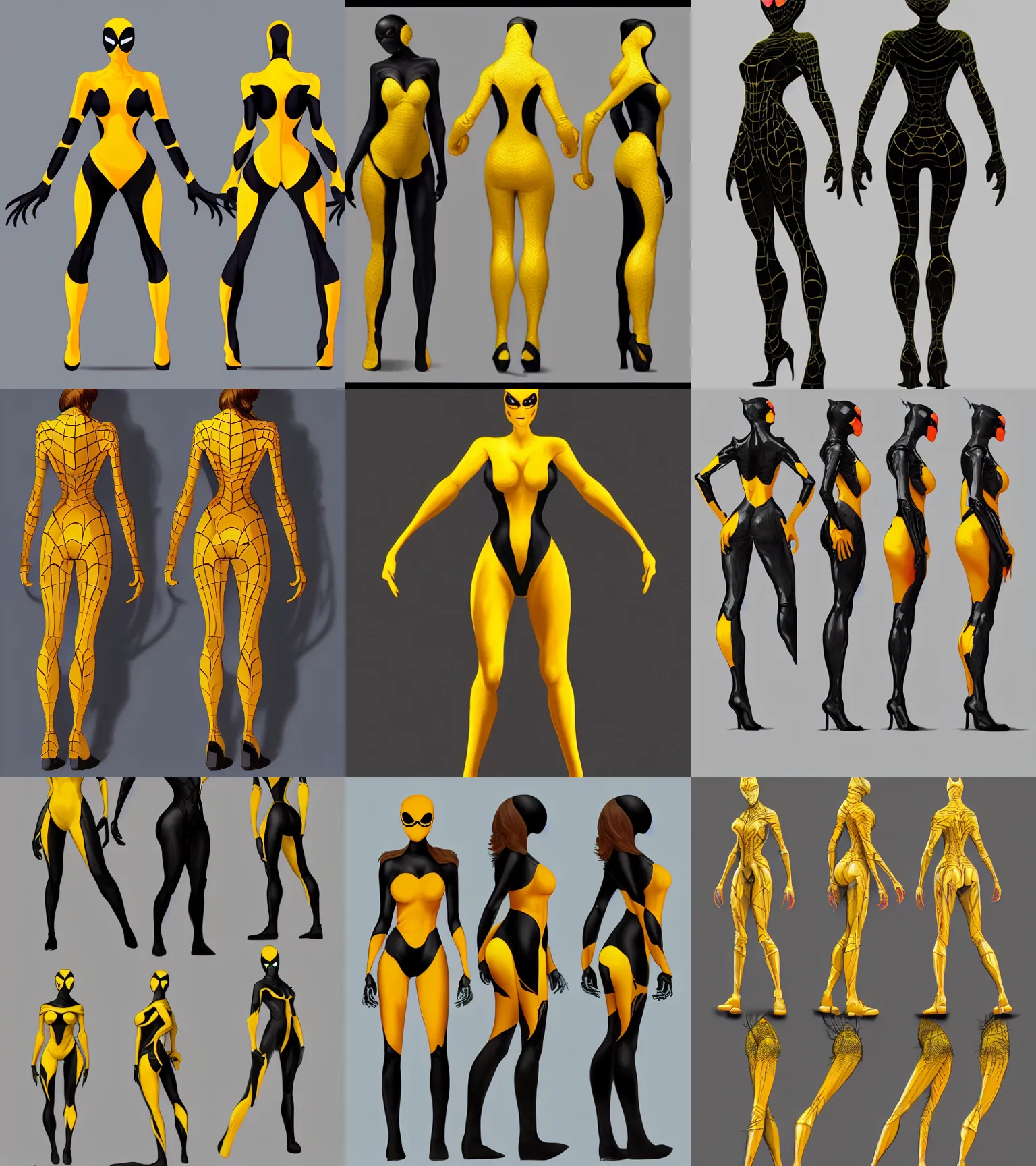 Prompt: full body character turnaround of a woman in an orb weaver spider costume, character sheet, matte painting, spiderwoman!!, john singer sargent, good value control, highly detailed portrait, character turnaround, digital painting, concept art, artstation, realistic proportions, realistically proportioned body, sharp focus, smooth, illustration, yellow and black color scheme,