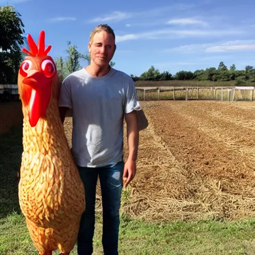 Image similar to a 2 meter tall chicken next to a 1,7 meter tall farmer.