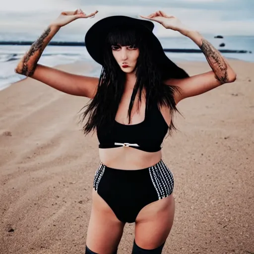 Image similar to photorealistic instagram high detail photo of a well developed goth girl with brunette hair and bangs wearing a black 2 - piece swimsuit, fishnets, and a large black gothic sunhat at the beach in vogue style 4 k