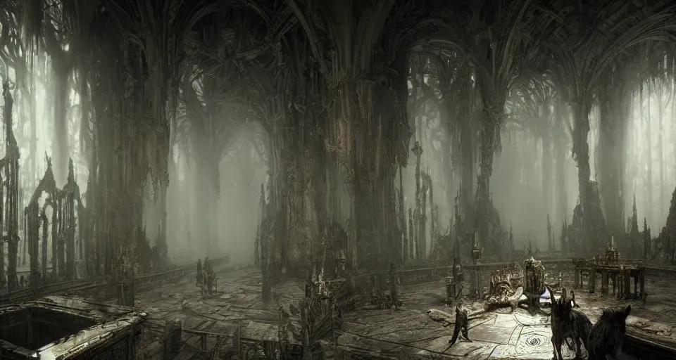 Image similar to king of the wolves - fantasy, inside the king's hall wolves and their treasures, ethereal, ominous, misty, 8 k, by h. r. giger and greg rutkowski, the last guardian by fumito ueda - elden ring