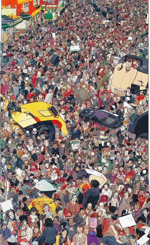 Image similar to a colorful illustration of the end of human species protesting against surpression by artificial intelligence in style of katsuhiro otomo