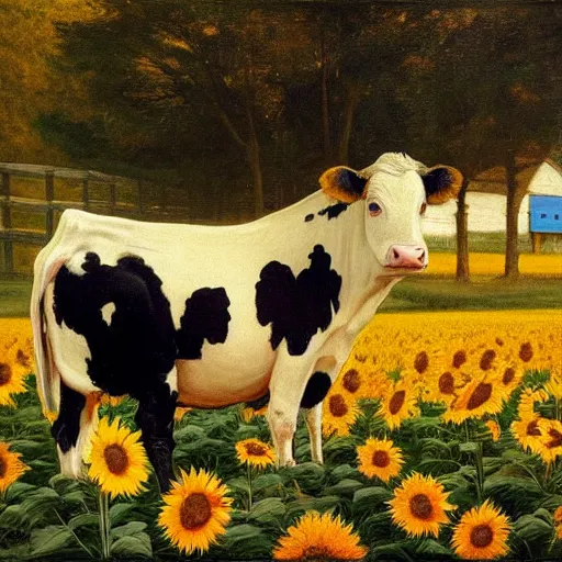 Prompt: portrait of a black and white cow in a beautiful field of sunflowers with a red barn behind it, by Michael Sowa, golden hour, extremely detailed masterpiece, oil on canvas, by J. C. Leyendecker and Peter Paul Rubens and Edward Hopper and Michael Sowa,